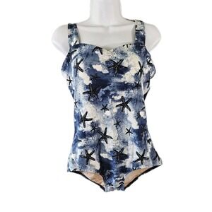 Sporti Swimsuit Womens 12 Blue White Starfish Print One Piece Criss-Cross Back